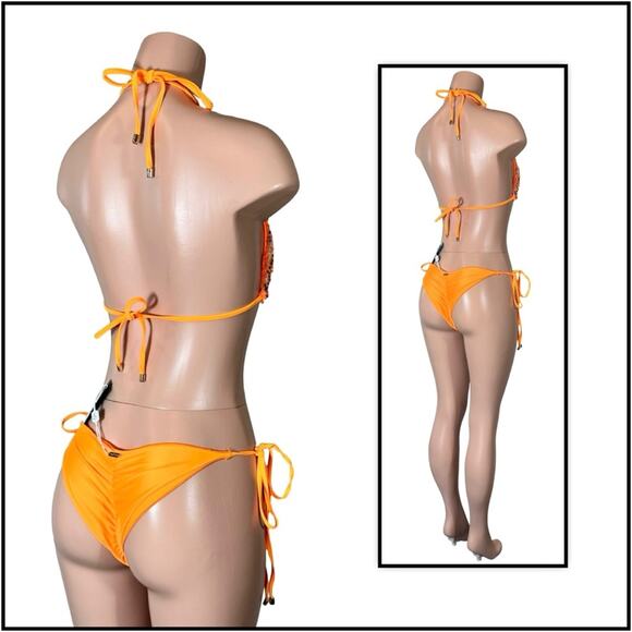Beach Bunny Orange Icon Triangle Top DD & Icon Tie Side Skimpy Bottom M $250 - Picture 7 of 12